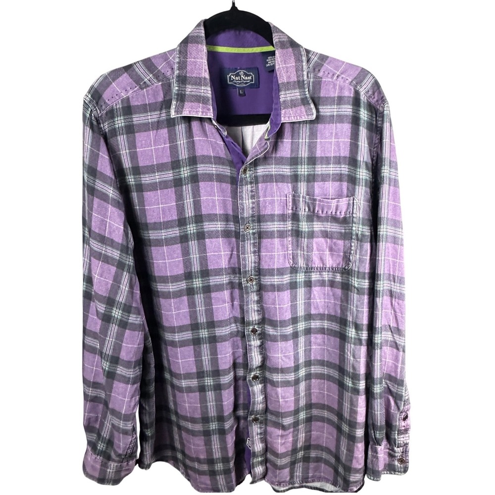 Nat Nast Luxury Originals Mens 100% Silk Purple Plaid Button Down Shirt Lg - Picture 2 of 10